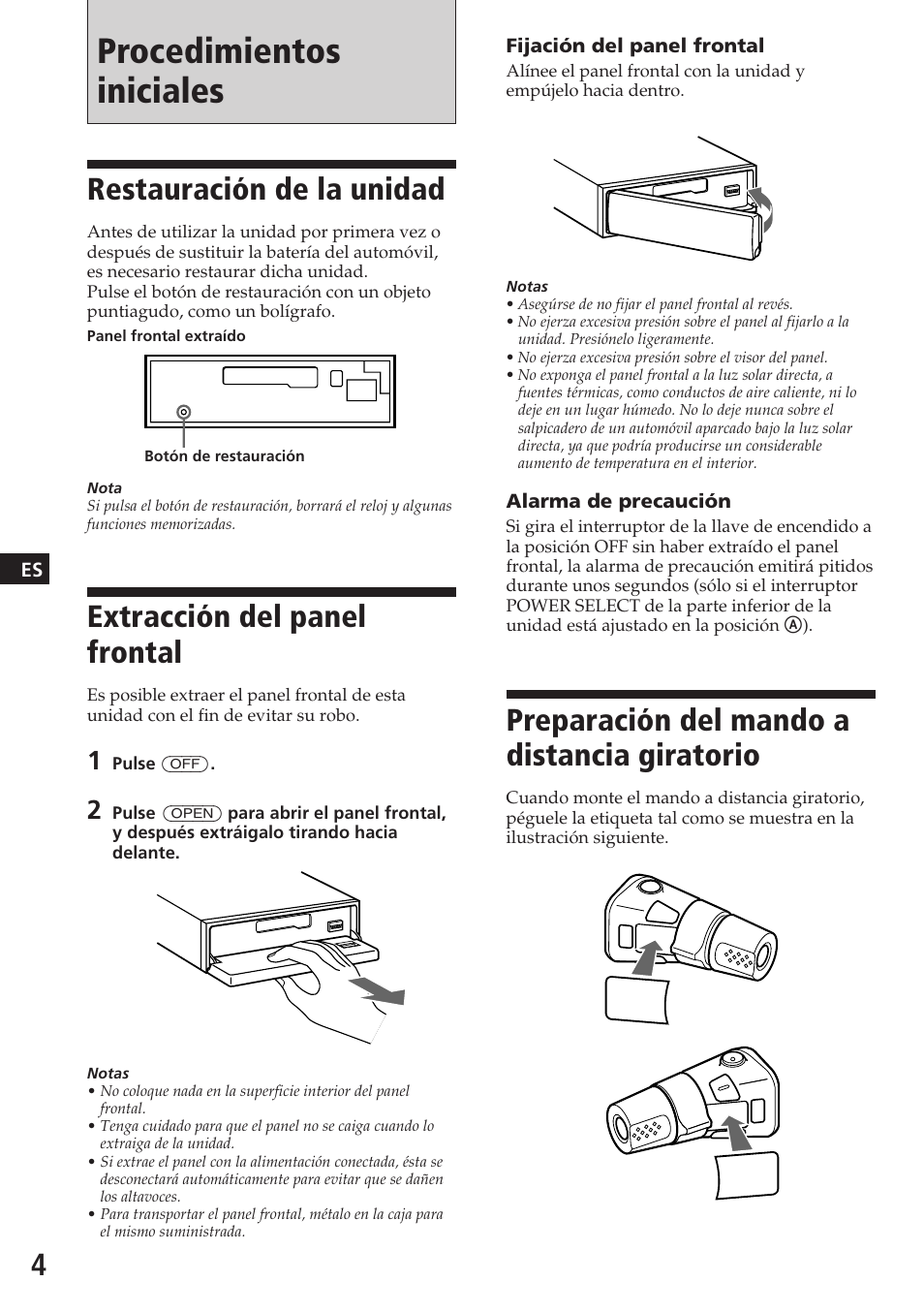 Procedimientos iniciales, Restauración de la unidad, Extracción del panel frontal | Preparación del mando a distancia giratorio | Sony XR-C7200W User Manual | Page 26 / 48