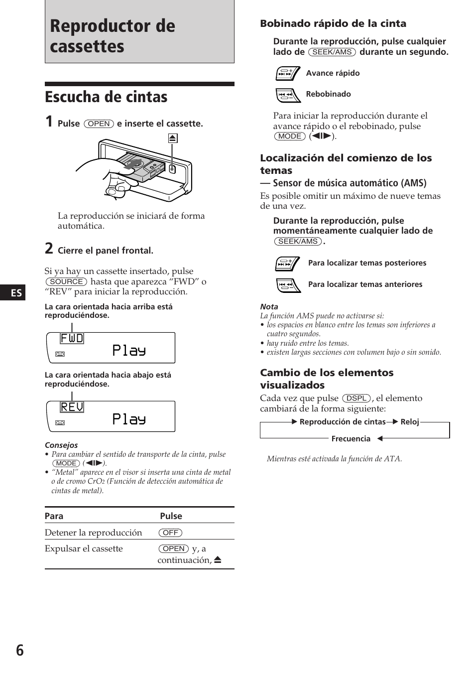Reproductor de cassettes, Escucha de cintas 1, Play | F w d, R e v | Sony XR-C7200W User Manual | Page 28 / 48