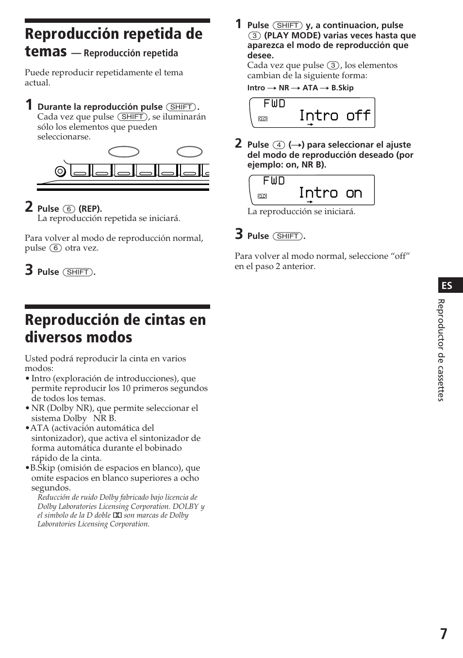 Reproducción repetida de temas, Reproducción de cintas en diversos modos, Intro off | Intro on, F w d | Sony XR-C7200W User Manual | Page 29 / 48