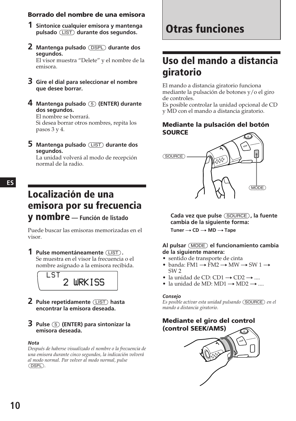 Otras funciones, Uso del mando a distancia giratorio, 2 wrkiss | Sony XR-C7200W User Manual | Page 32 / 48
