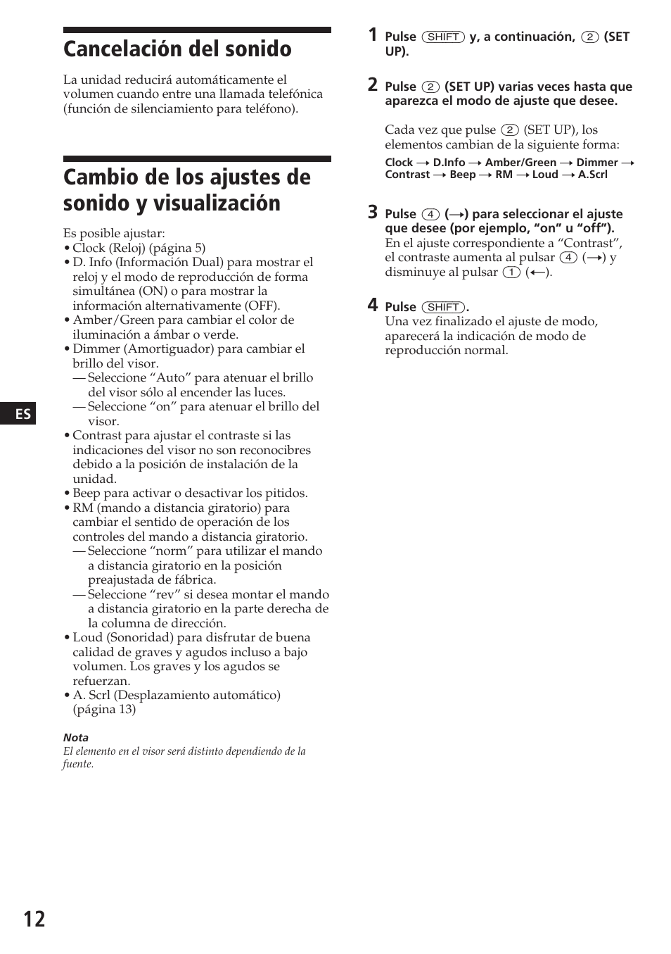 Cancelación del sonido, Cambio de los ajustes de sonido y visualización | Sony XR-C7200W User Manual | Page 34 / 48