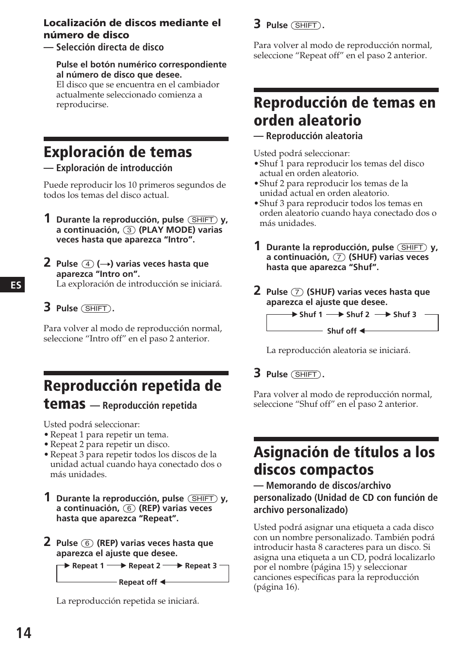 Reproducción de temas en orden aleatorio, Asignación de títulos a los discos compactos, Exploración de temas | Reproducción repetida de temas | Sony XR-C7200W User Manual | Page 36 / 48