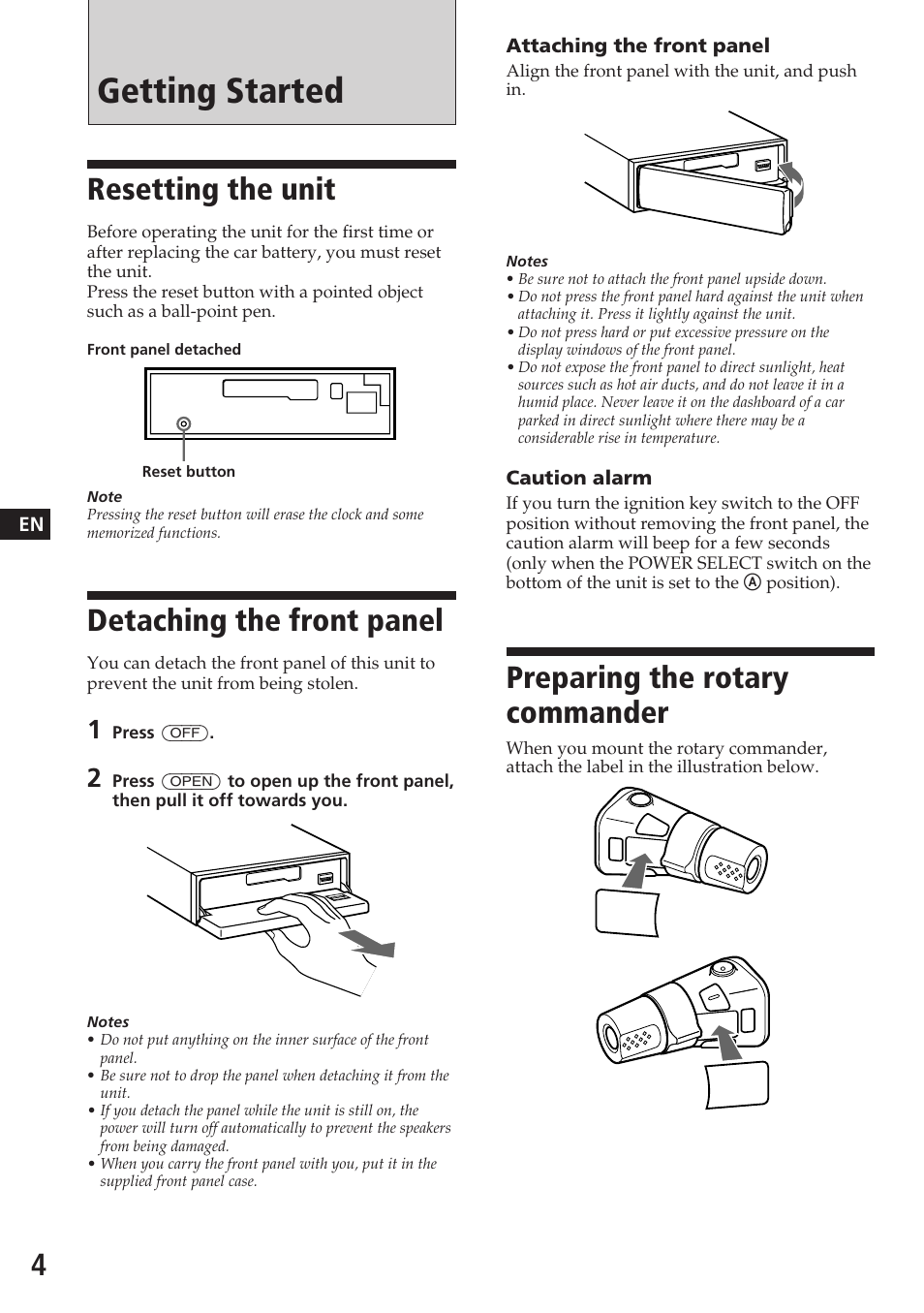 Getting started, Resetting the unit, Detaching the front panel | Preparing the rotary commander | Sony XR-C7200W User Manual | Page 4 / 48