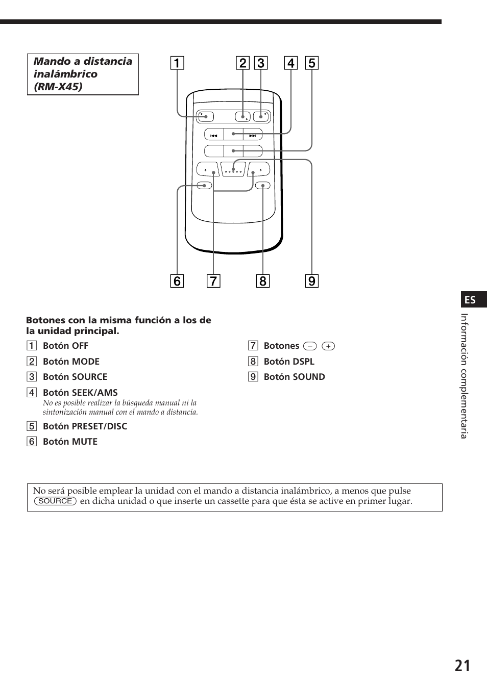 Mando a distancia inalámbrico (rm-x45), Información complementaria | Sony XR-C7200W User Manual | Page 43 / 48