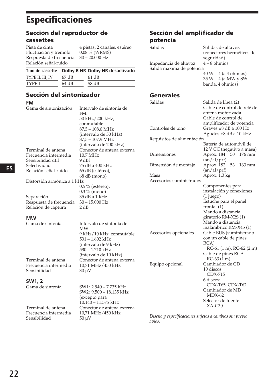 Especificaciones, Sección del amplificador de potencia, Generales | Sección del reproductor de cassettes, Sección del sintonizador | Sony XR-C7200W User Manual | Page 44 / 48