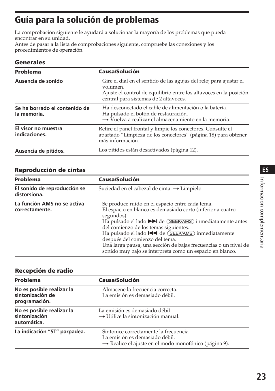 Guía para la solución de problemas | Sony XR-C7200W User Manual | Page 45 / 48
