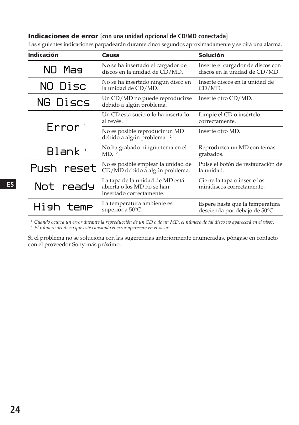 Ng discs, Error blank, Push reset | No mag no disc, Not ready high temp | Sony XR-C7200W User Manual | Page 46 / 48