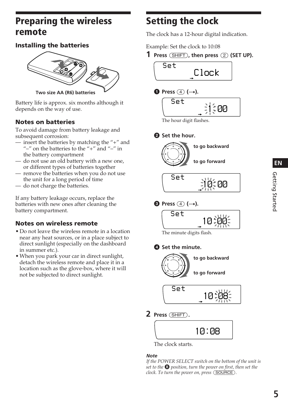 Setting the clock, Preparing the wireless remote, Clock | S e t | Sony XR-C7200W User Manual | Page 5 / 48