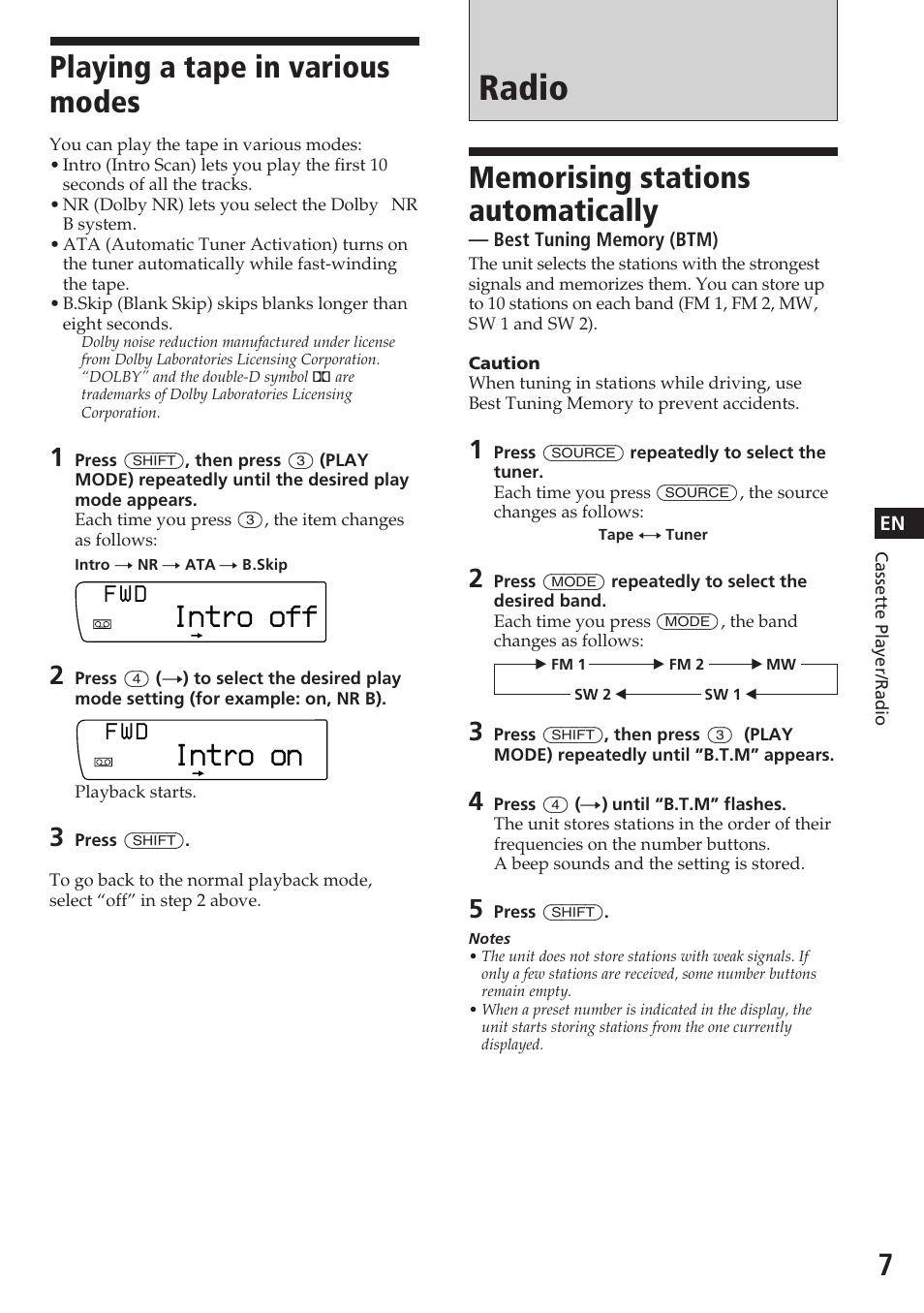 Radio, Playing a tape in various modes, Intro off | Intro on | Sony XR-C7200W User Manual | Page 7 / 48