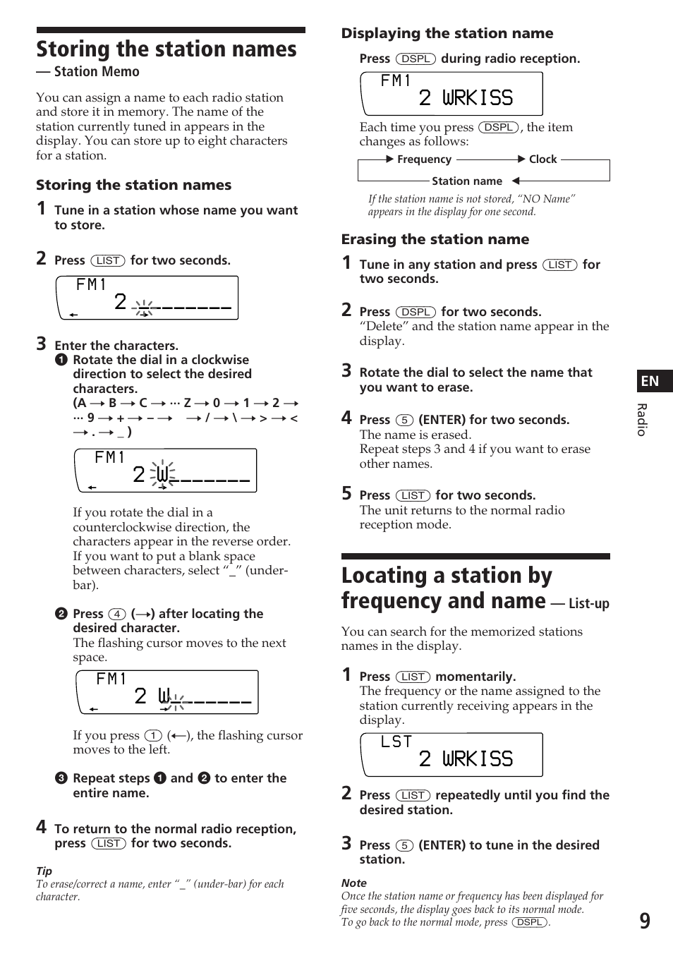 Storing the station names, Locating a station by frequency and name, 2 wrkiss | Sony XR-C7200W User Manual | Page 9 / 48
