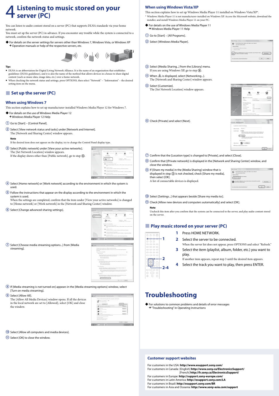 Listening to music stored on your server (pc), Troubleshooting, Set up the server (pc) | Sony 4-199-697-12(1) User Manual | Page 2 / 2
