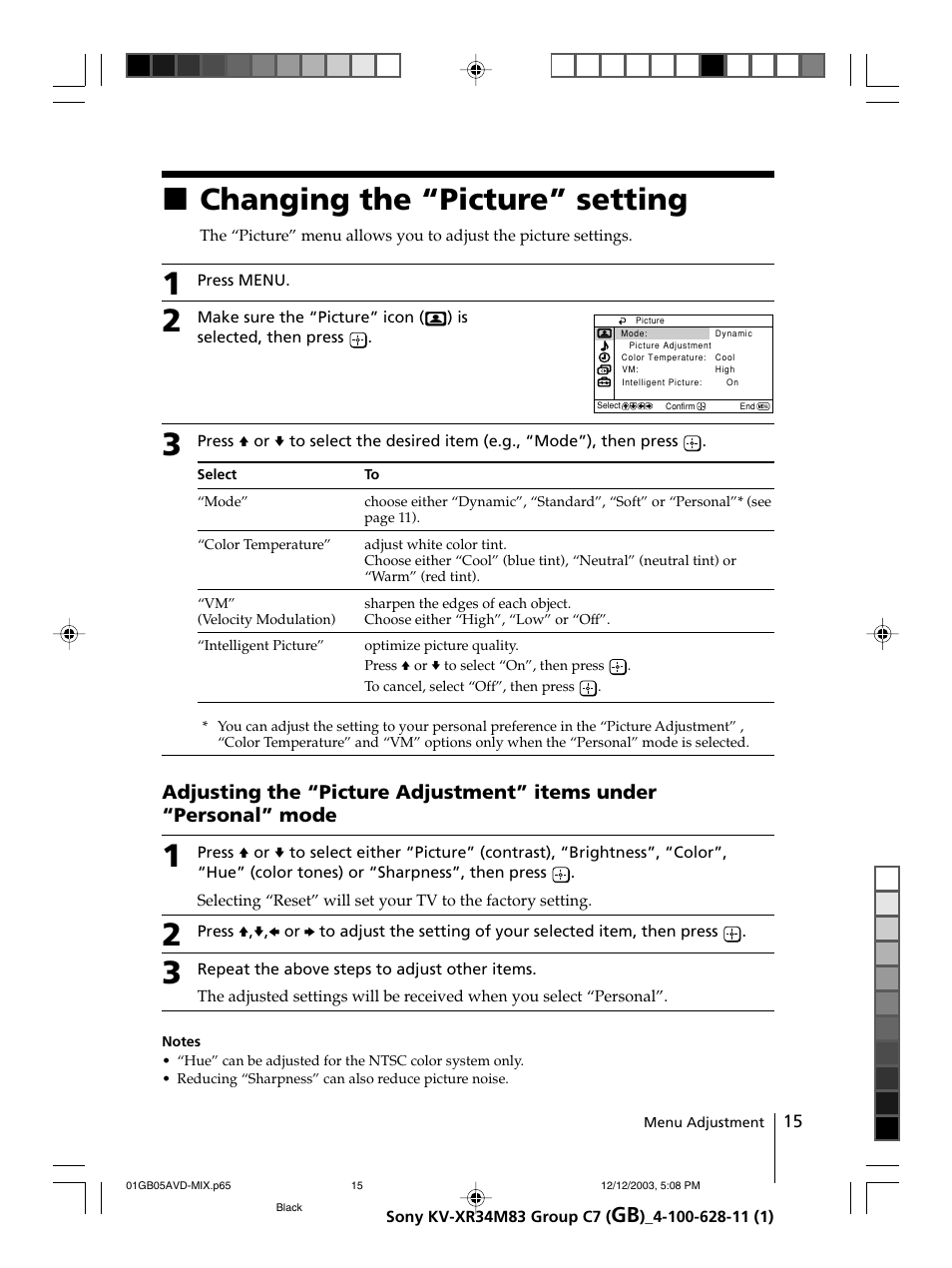 Changing the “picture” setting, Xchanging the “picture” setting | Sony wega KV-XR34 User Manual | Page 15 / 27