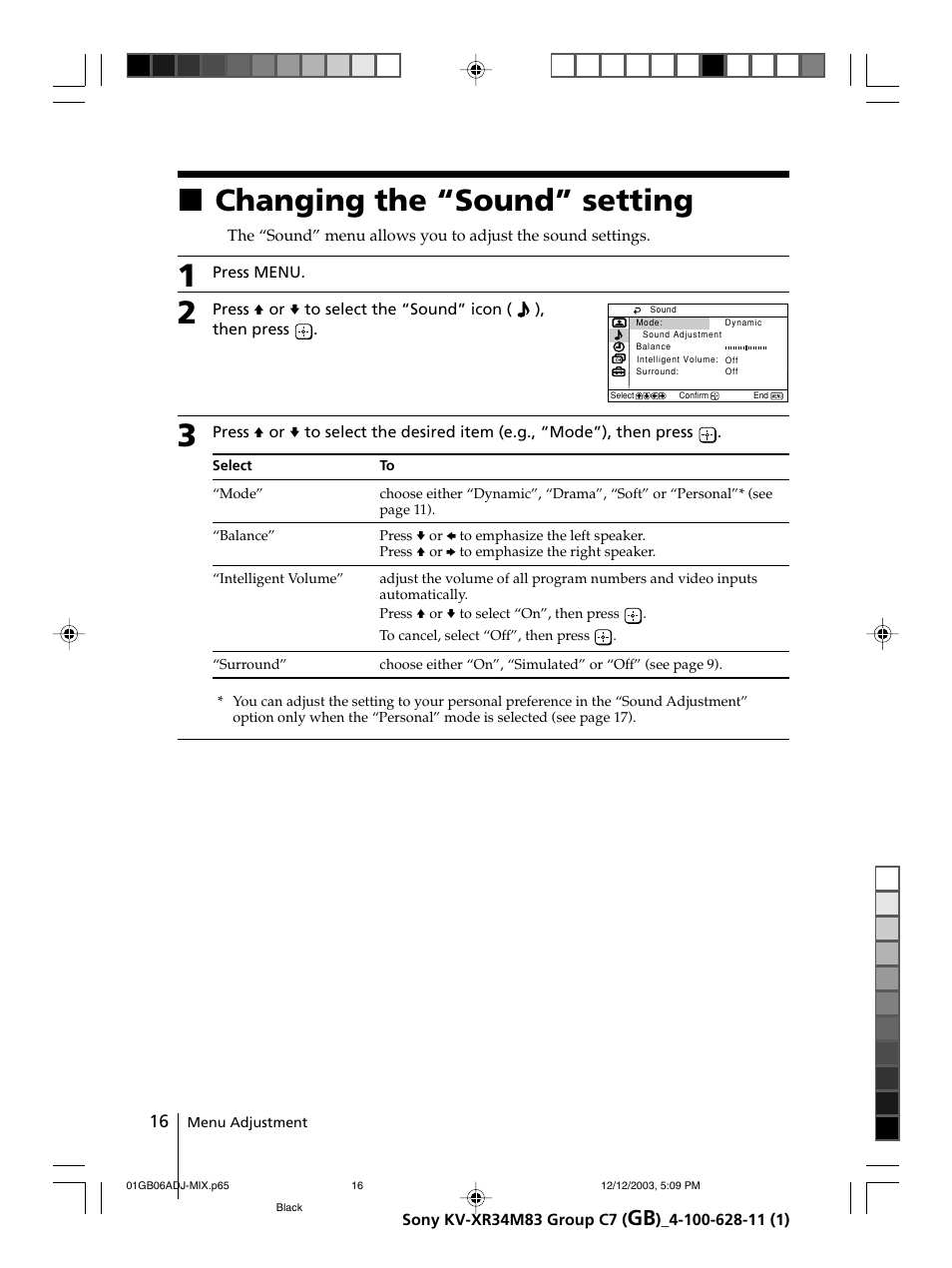 Changing the “sound” setting, Xchanging the “sound” setting | Sony wega KV-XR34 User Manual | Page 16 / 27