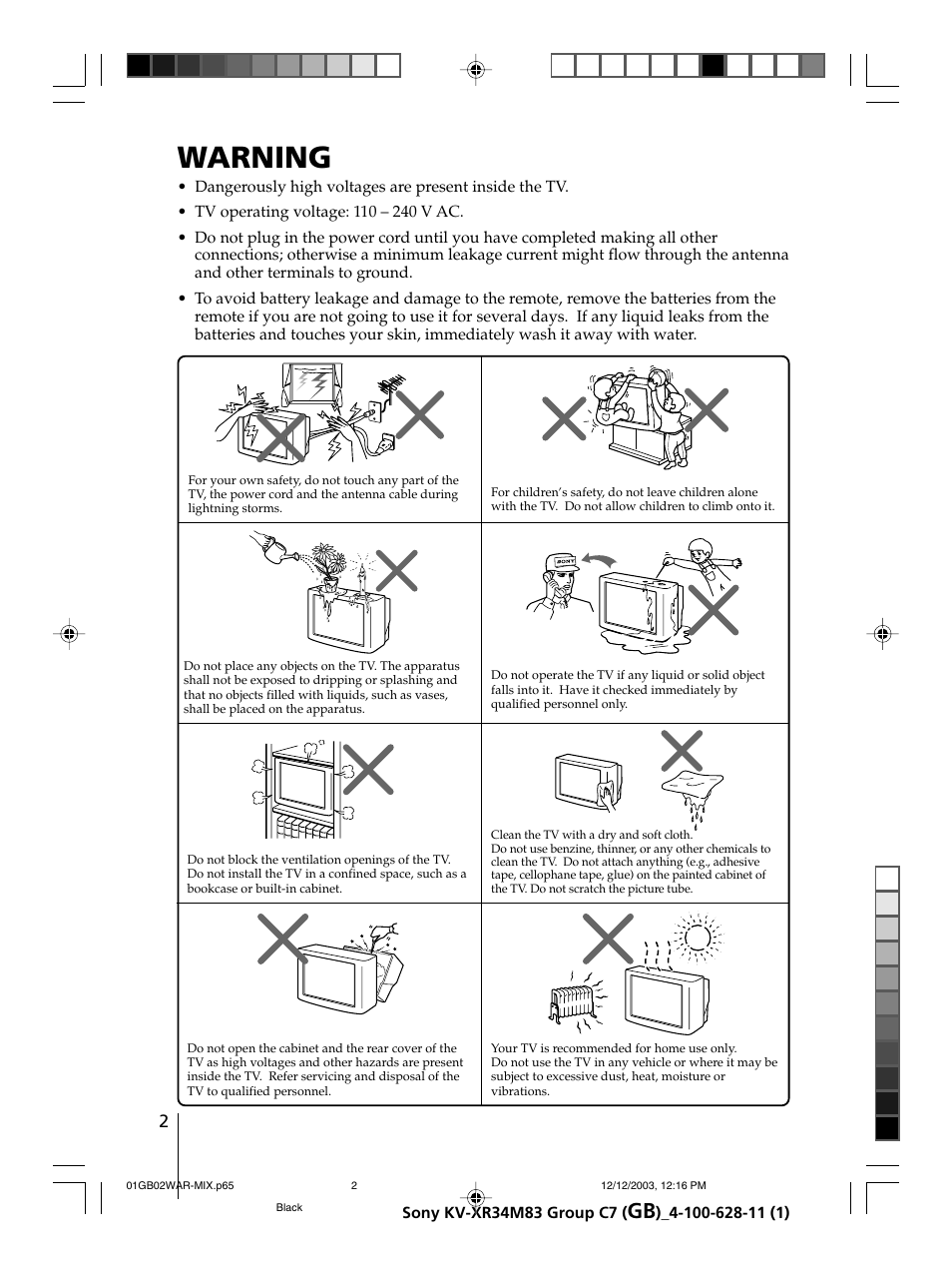 Warning | Sony wega KV-XR34 User Manual | Page 2 / 27