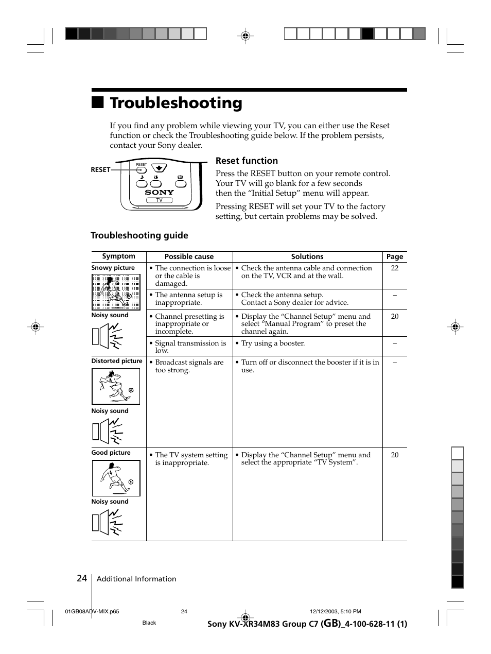 Troubleshooting | Sony wega KV-XR34 User Manual | Page 24 / 27