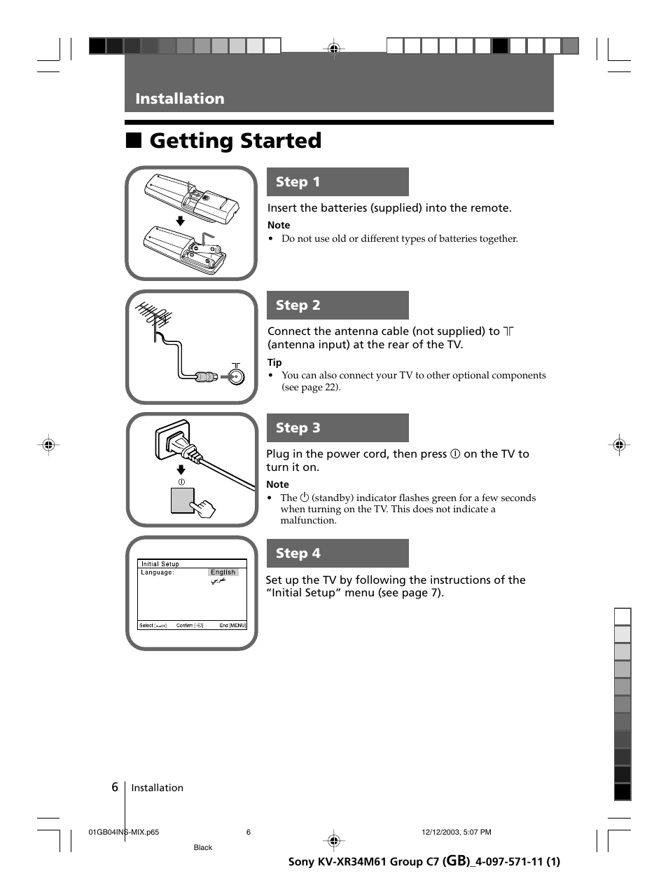 Installation, Getting started, Xgetting started | Sony wega KV-XR34 User Manual | Page 6 / 27