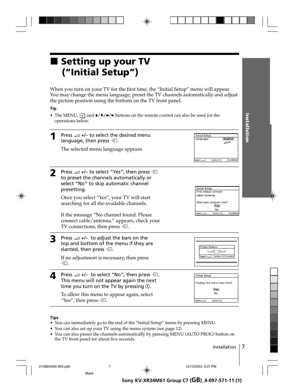 Setting up your tv (“initial setup”), Xsetting up your tv (“initial setup”) | Sony wega KV-XR34 User Manual | Page 7 / 27