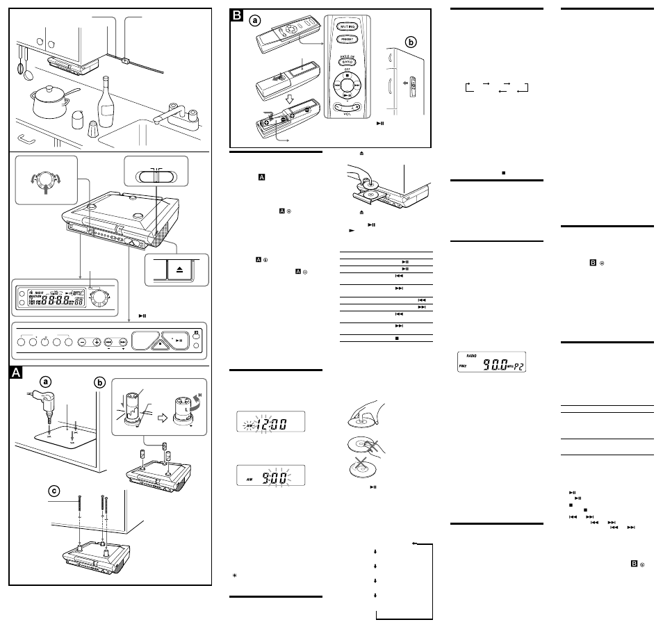 Installing the unit under a cabinet, Setting the clock, Playing a cd | Playing the radio, Improving the reception, Presetting your favorite station, Other useful functions, Operating the cooking timer (countdown timer), Installing the batteries into the remote commander, Using the remote commander | Sony ICF-CD543RM User Manual | Page 2 / 2