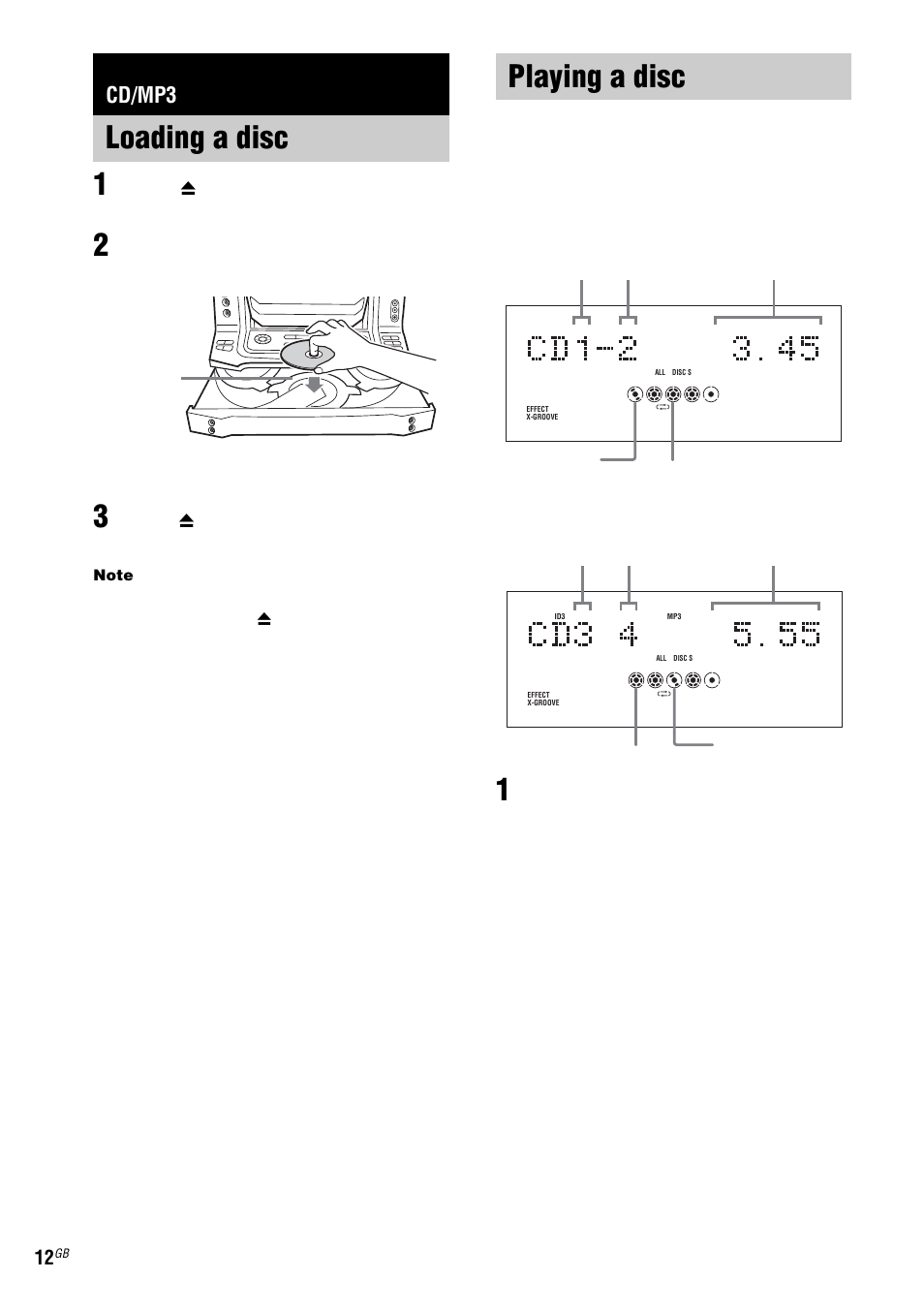 Cd/mp3, Loading a disc, Playing a disc | Normal play/shuffle play, Loading a disc playing a disc, The disc tray slides out | Sony ZX6 User Manual | Page 12 / 48