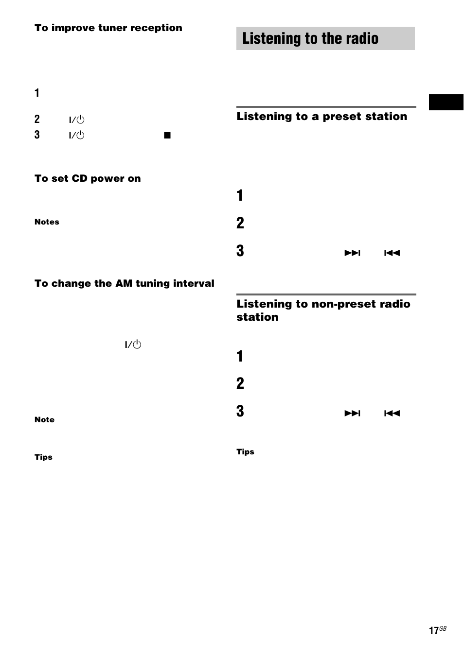 Listening to the radio, Preset tuning, Manual tuning | Preset tuning — manual tuning | Sony ZX6 User Manual | Page 17 / 48