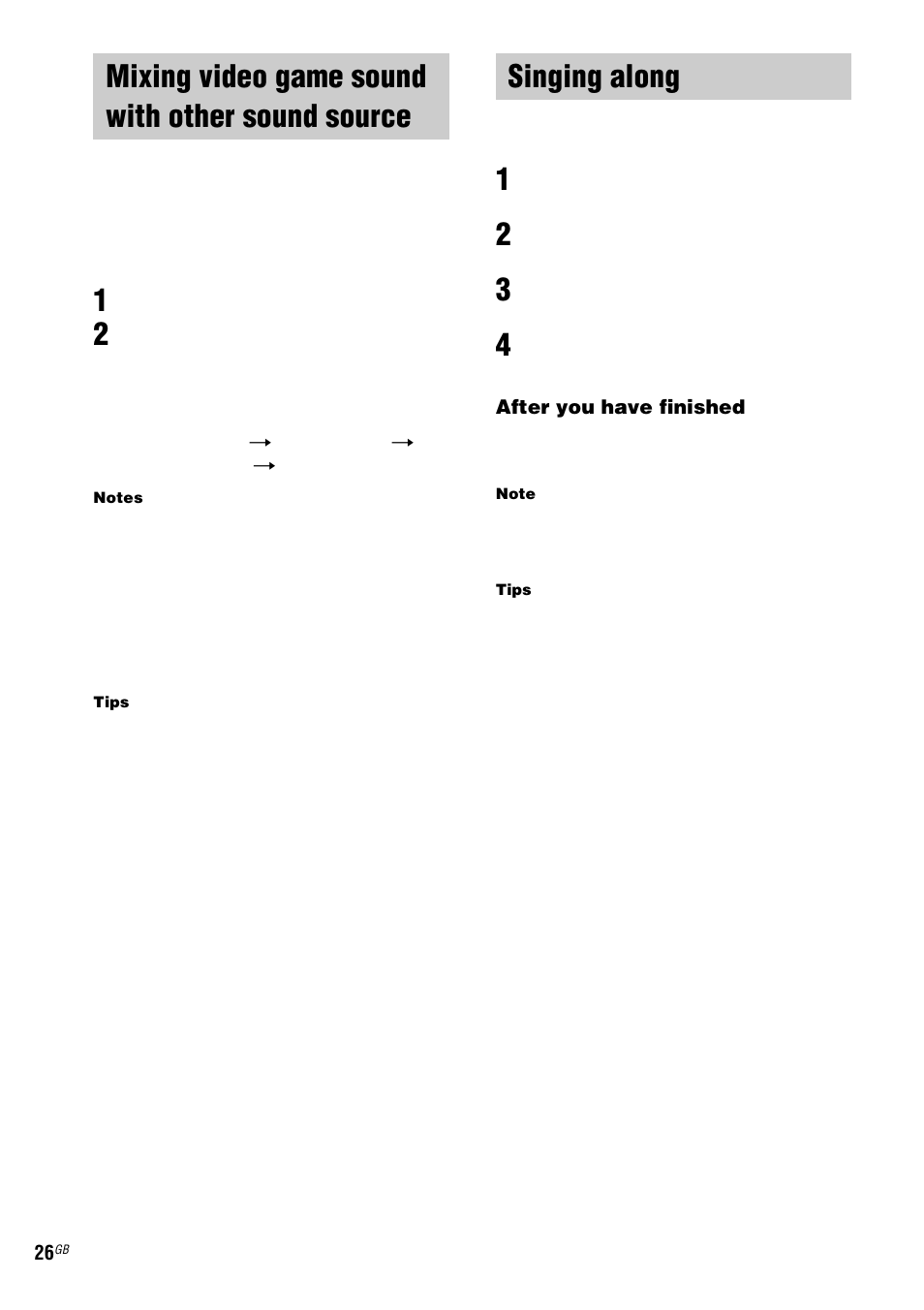 Mixing video game sound with other sound source, Game mixing, Singing along | Mixing video game sound with other, Sound source — game mixing | Sony ZX6 User Manual | Page 26 / 48