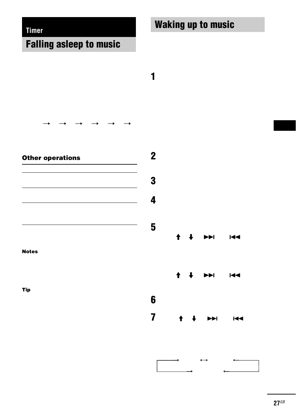 Timer, Falling asleep to music, Sleep timer | Waking up to music, Play timer | Sony ZX6 User Manual | Page 27 / 48