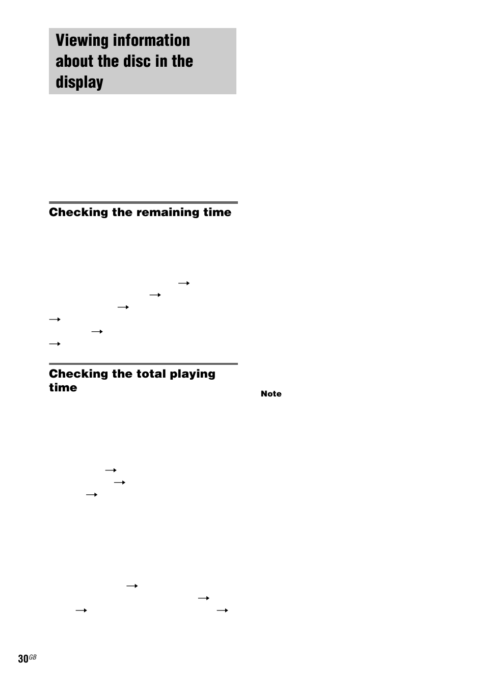 Viewing information about the disc in the display, Viewing information about the disc, In the display | Checking the remaining time, Checking the total playing time | Sony ZX6 User Manual | Page 30 / 48