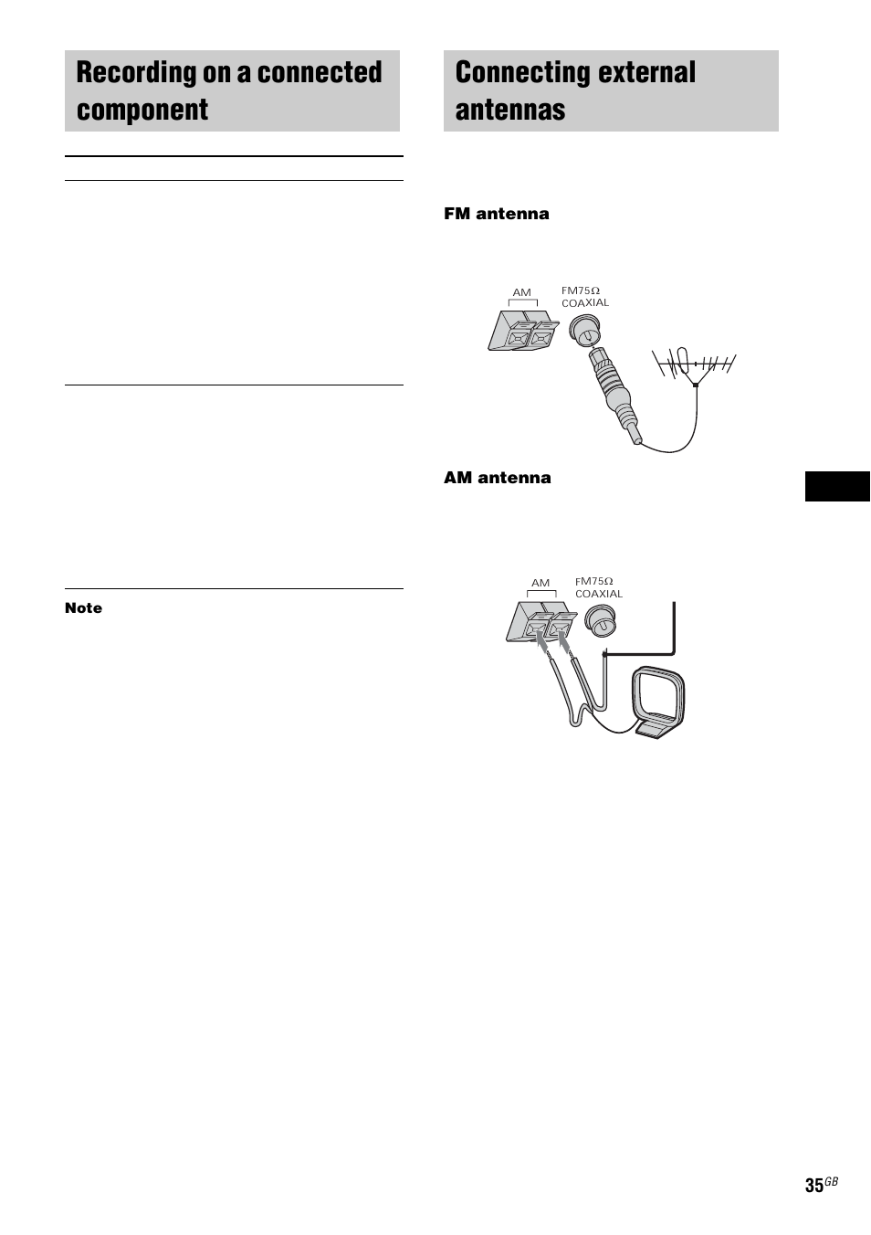 Recording on a connected component, Connecting external antennas, Recording on a connected | Component | Sony ZX6 User Manual | Page 35 / 48