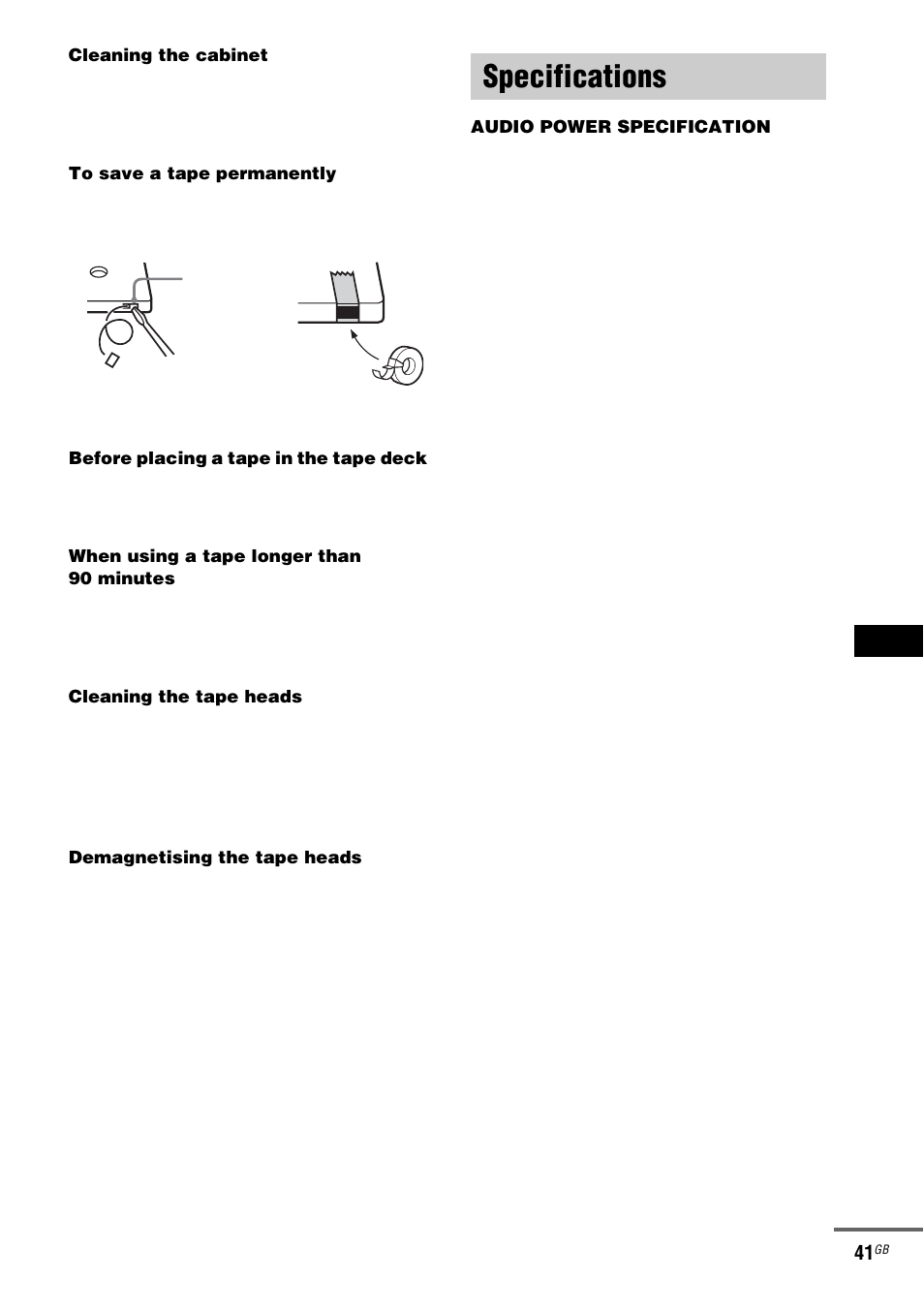 Specifications, See “cleaning the tape | Sony ZX6 User Manual | Page 41 / 48