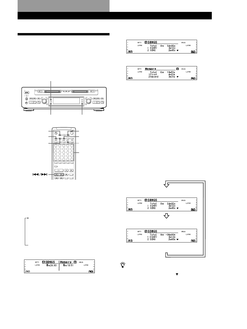 Reproducción de mds, Utilización del visualizador, Reproducción de mds 23 | Para cambiar la visualización, Continúa en la páginas siguiente), Nota, Display a time/char b time/char | Sony MDS-W1 User Manual | Page 123 / 204