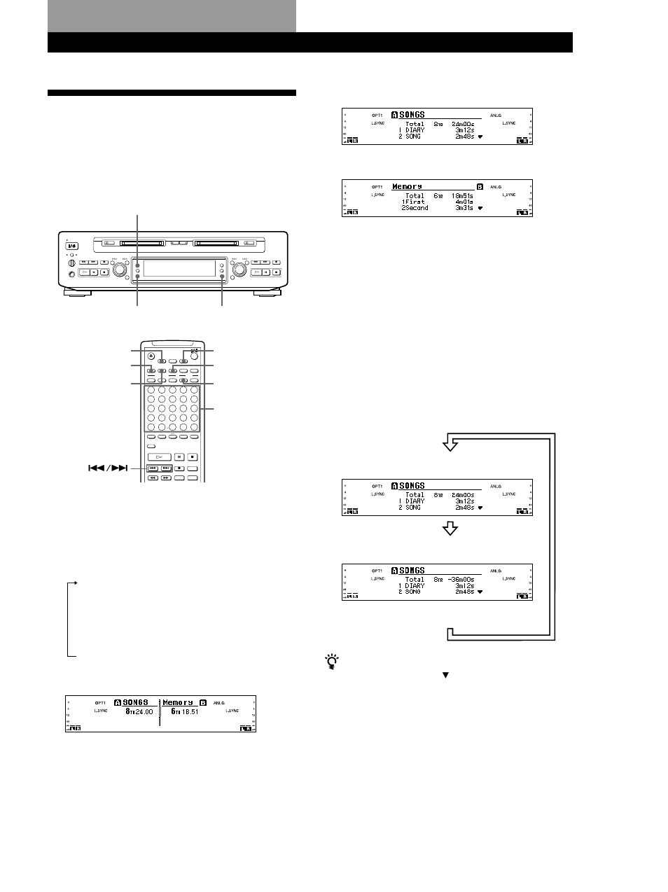 Playing mds, Using the display, Playing mds 23 | Changing the display, Continued), You can check all the track titles on the md, Display a time/char b time/char, Deck a display scroll deck b time date recorded | Sony MDS-W1 User Manual | Page 23 / 204