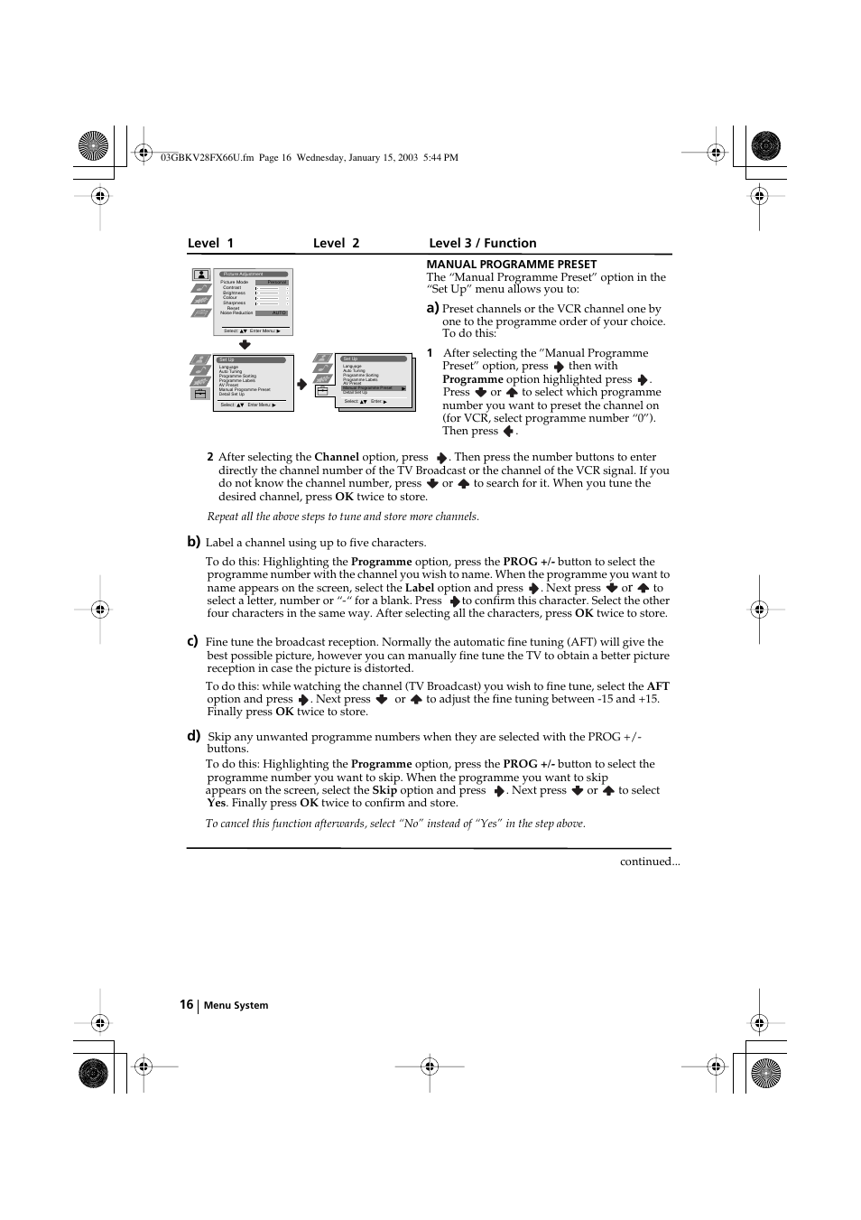 Level 1 level 2 level 3 / function | Sony KV-28FX66U User Manual | Page 16 / 28