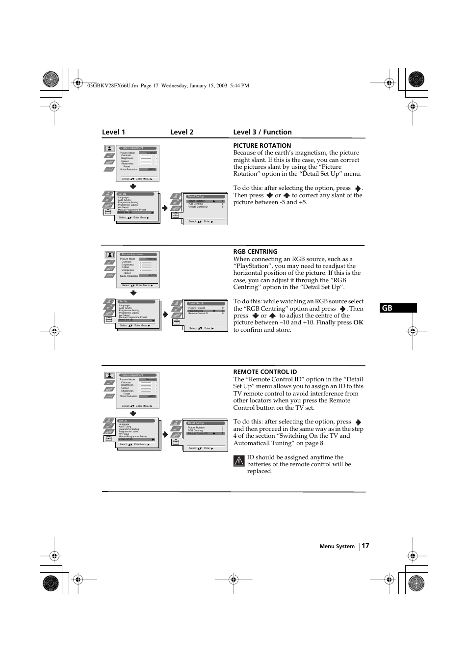 Level 1 level 2 level 3 / function, Menu system | Sony KV-28FX66U User Manual | Page 17 / 28
