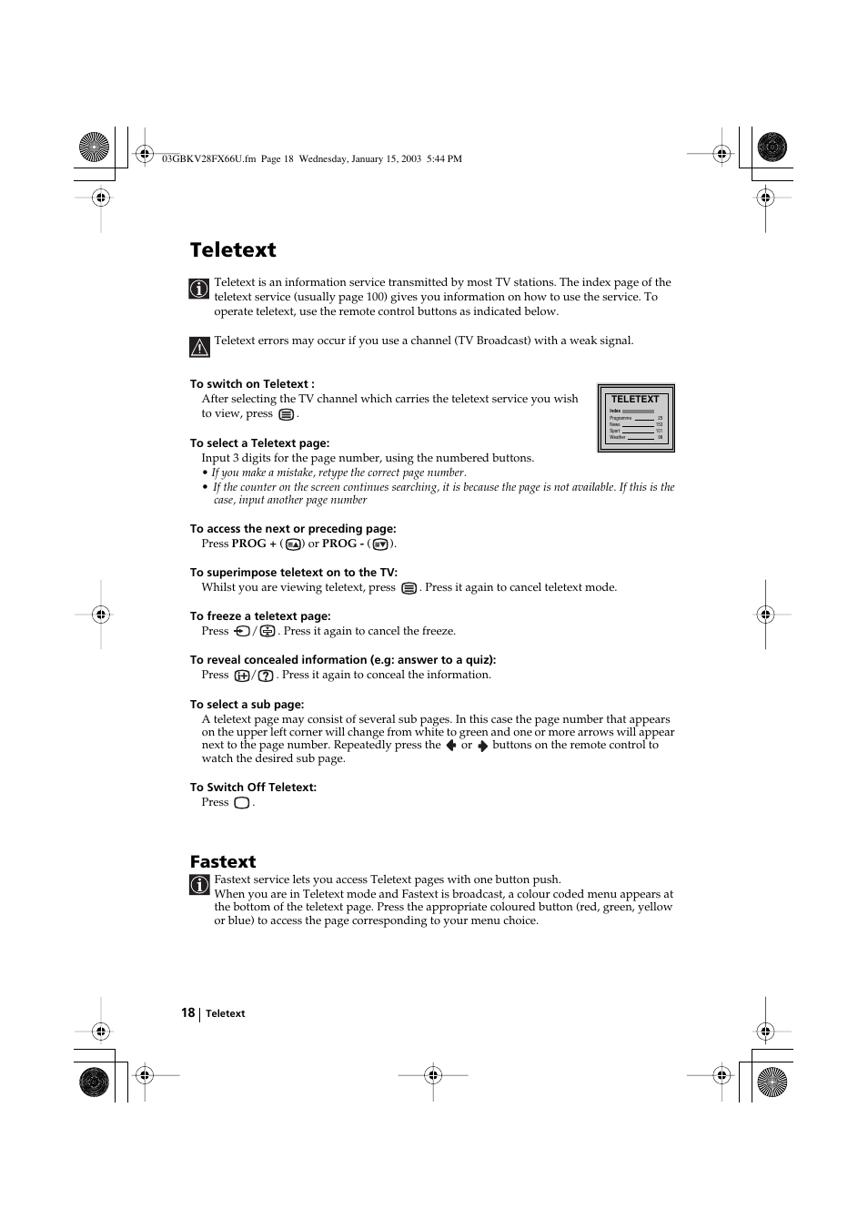 Teletext, Fastext | Sony KV-28FX66U User Manual | Page 18 / 28