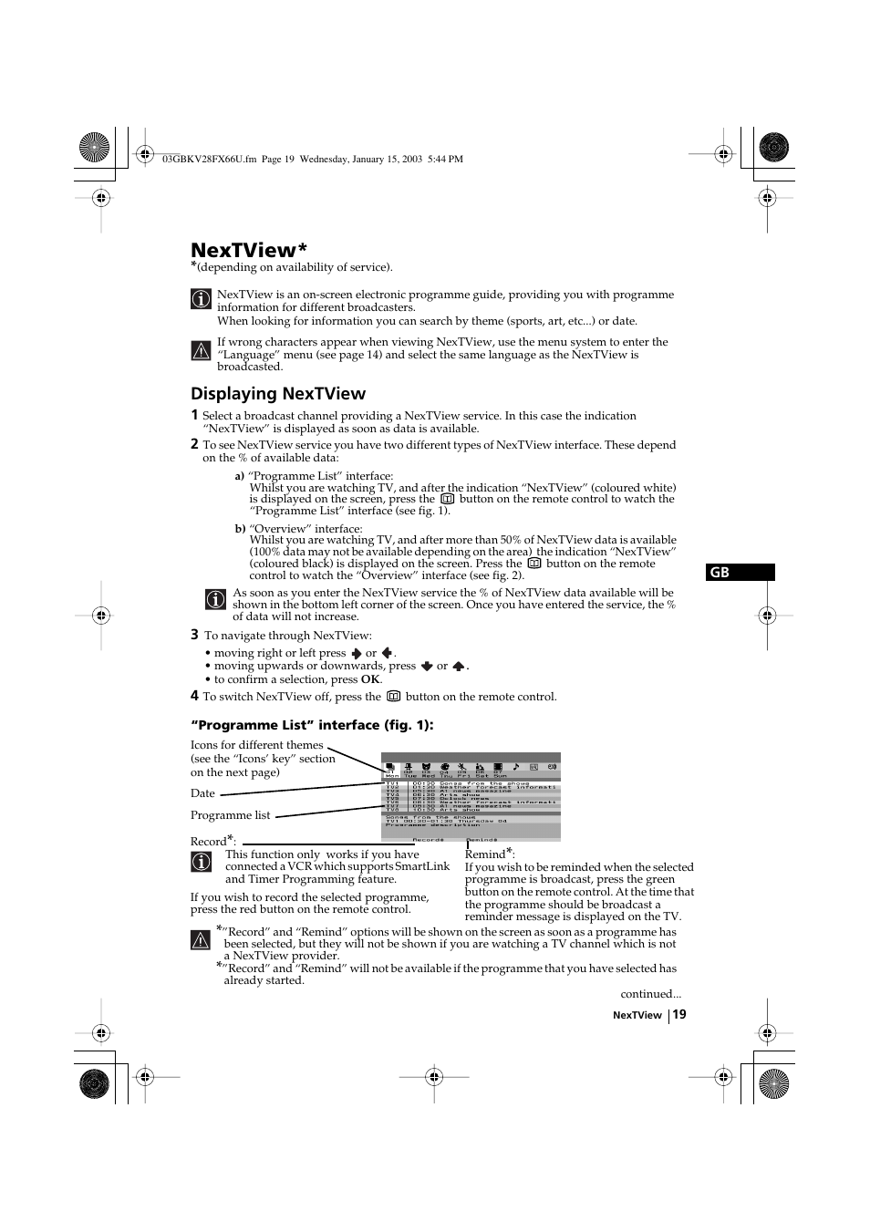Nextview, Displaying nextview | Sony KV-28FX66U User Manual | Page 19 / 28