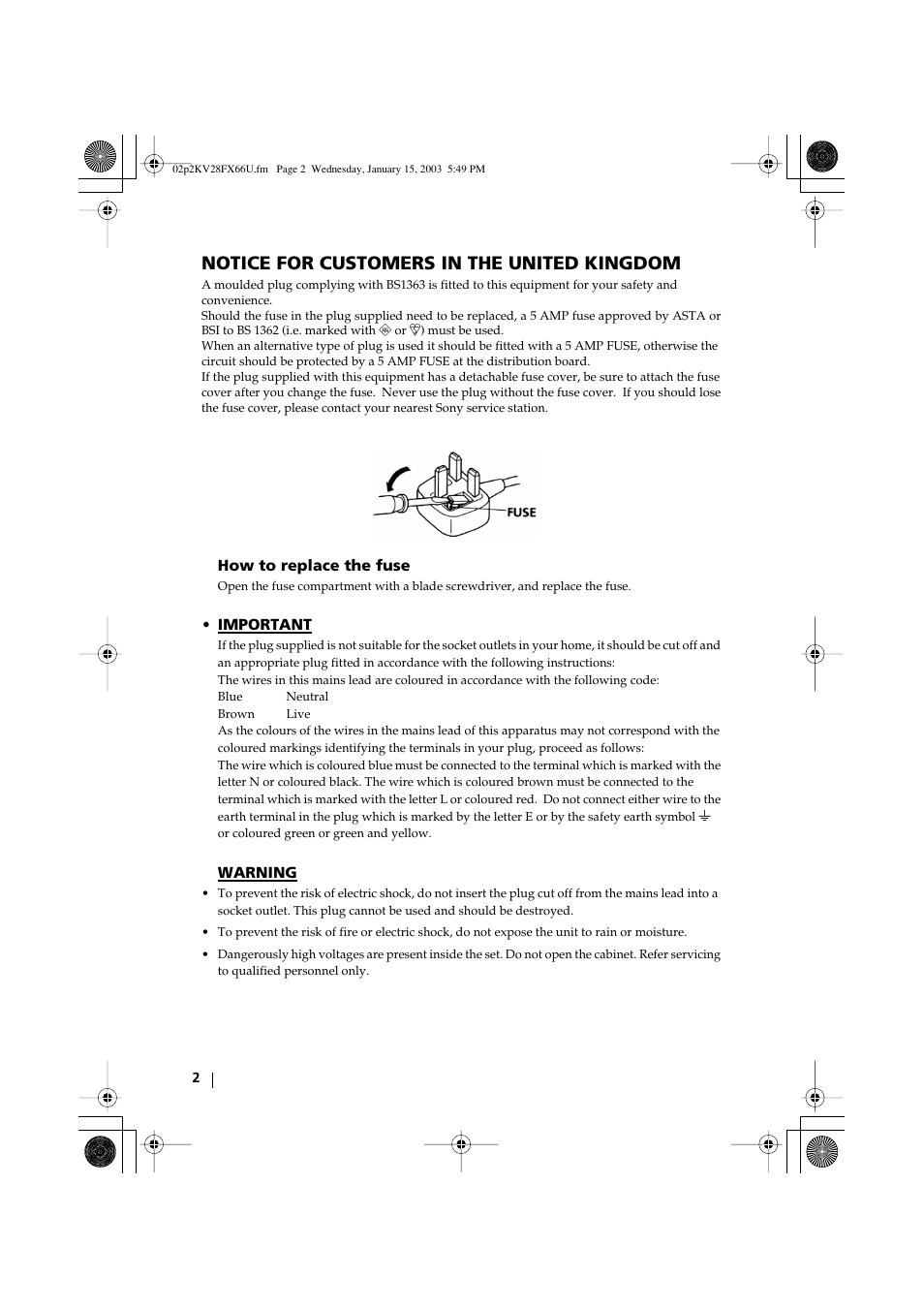 Notice for customers in the united kingdom | Sony KV-28FX66U User Manual | Page 2 / 28