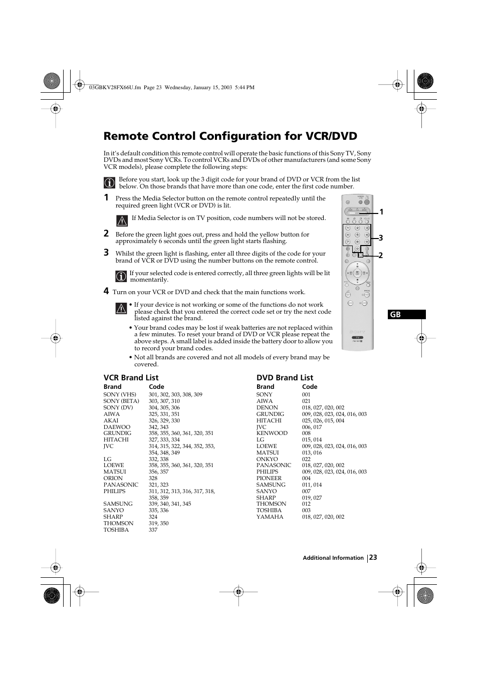 Remote control configuration for vcr/dvd, Vcr brand list dvd brand list | Sony KV-28FX66U User Manual | Page 23 / 28