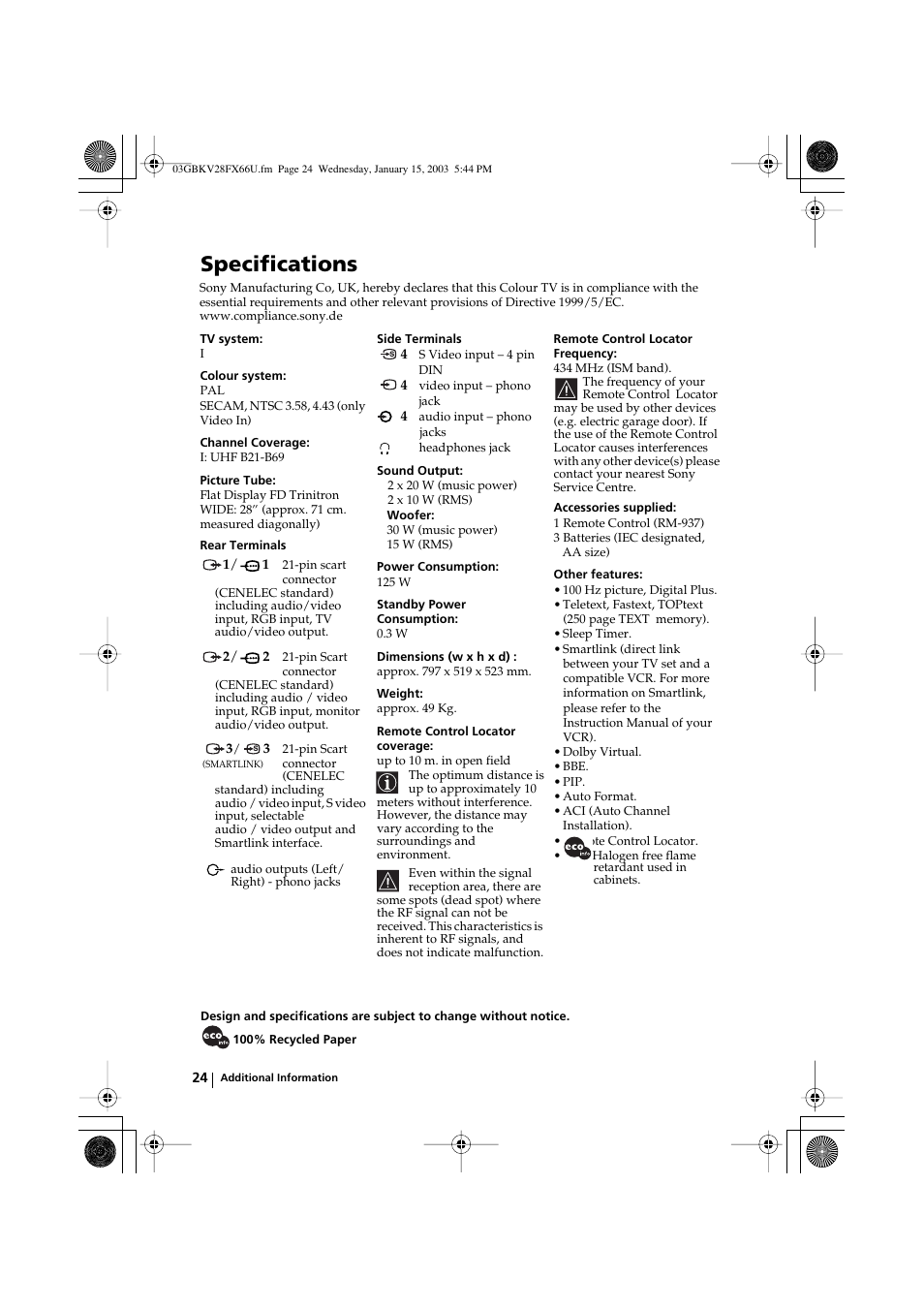 Specifications | Sony KV-28FX66U User Manual | Page 24 / 28