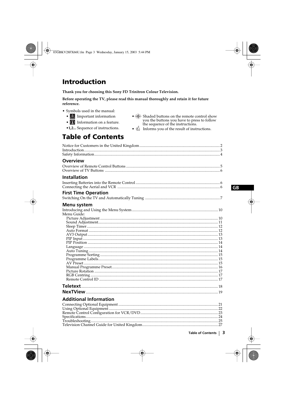 Sony KV-28FX66U User Manual | Page 3 / 28