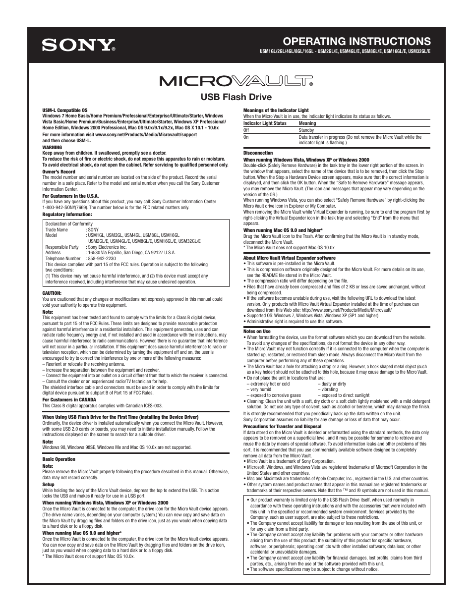 Sony USM8GL User Manual | 2 pages