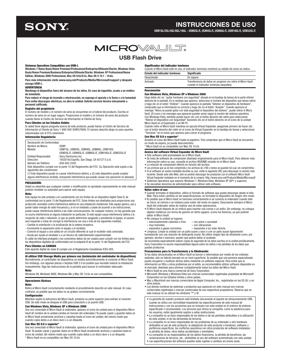 Instrucciones de uso, Usb flash drive | Sony USM8GL User Manual | Page 2 / 2