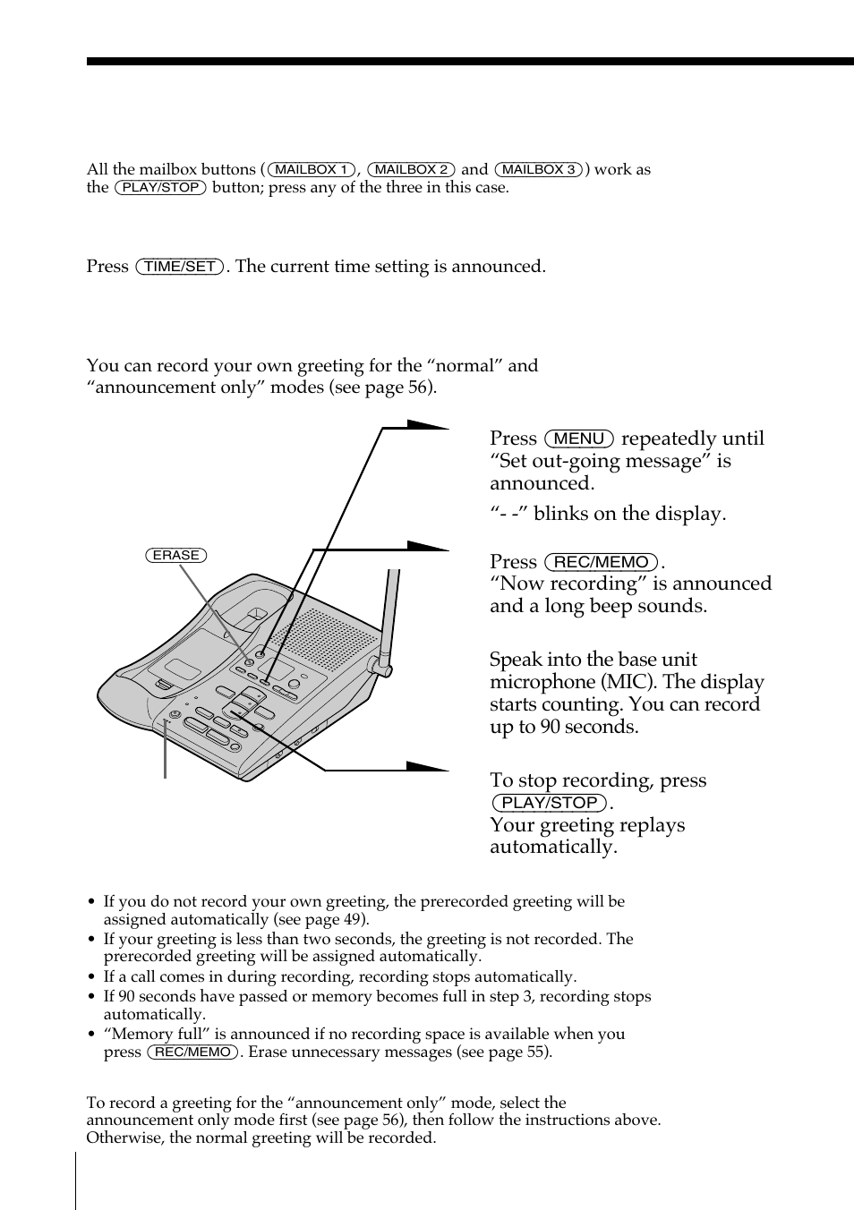 Recording the greeting | Sony SPP-A972 User Manual | Page 48 / 80