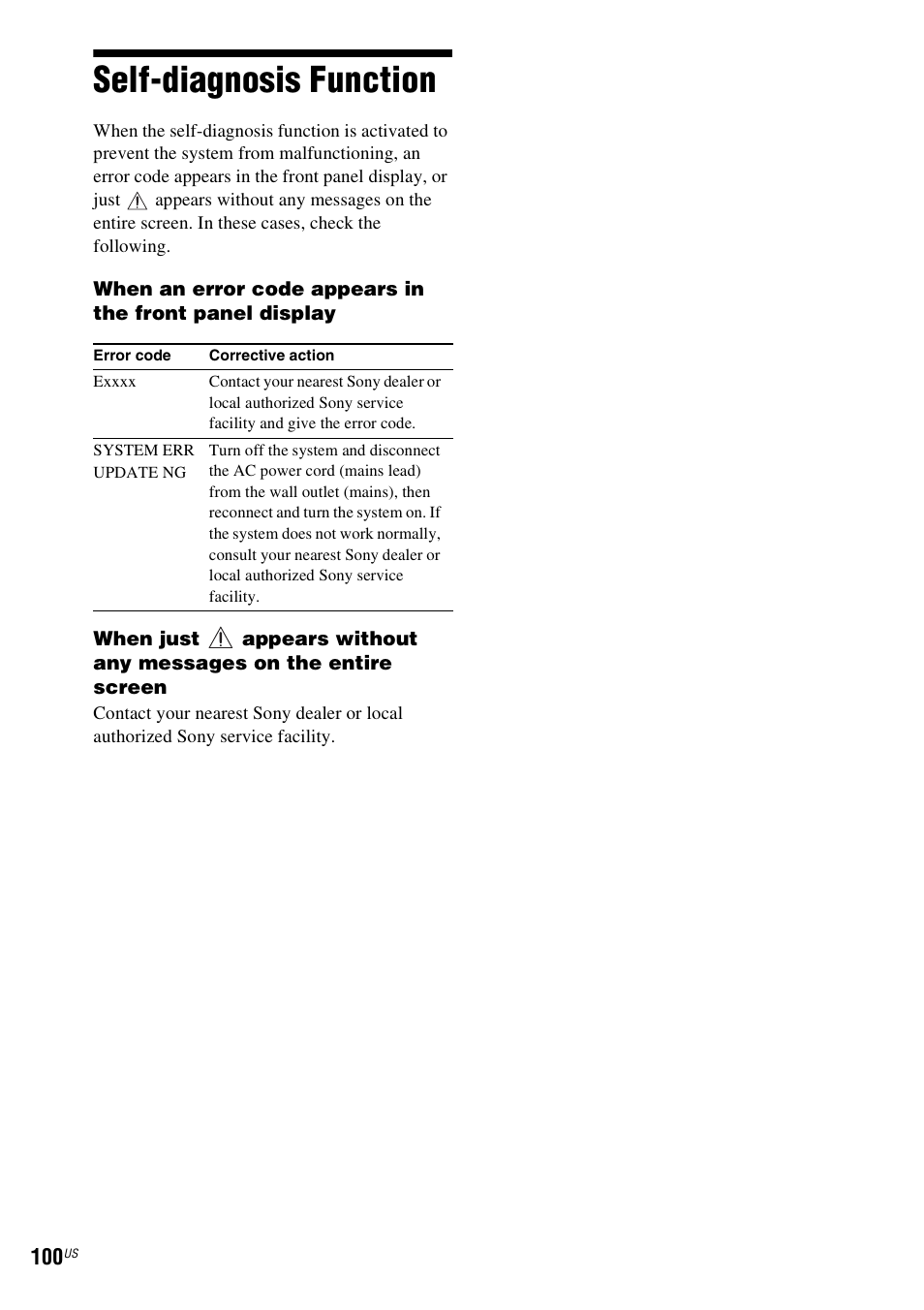 Self-diagnosis function | Sony BDV-T20W User Manual | Page 100 / 123