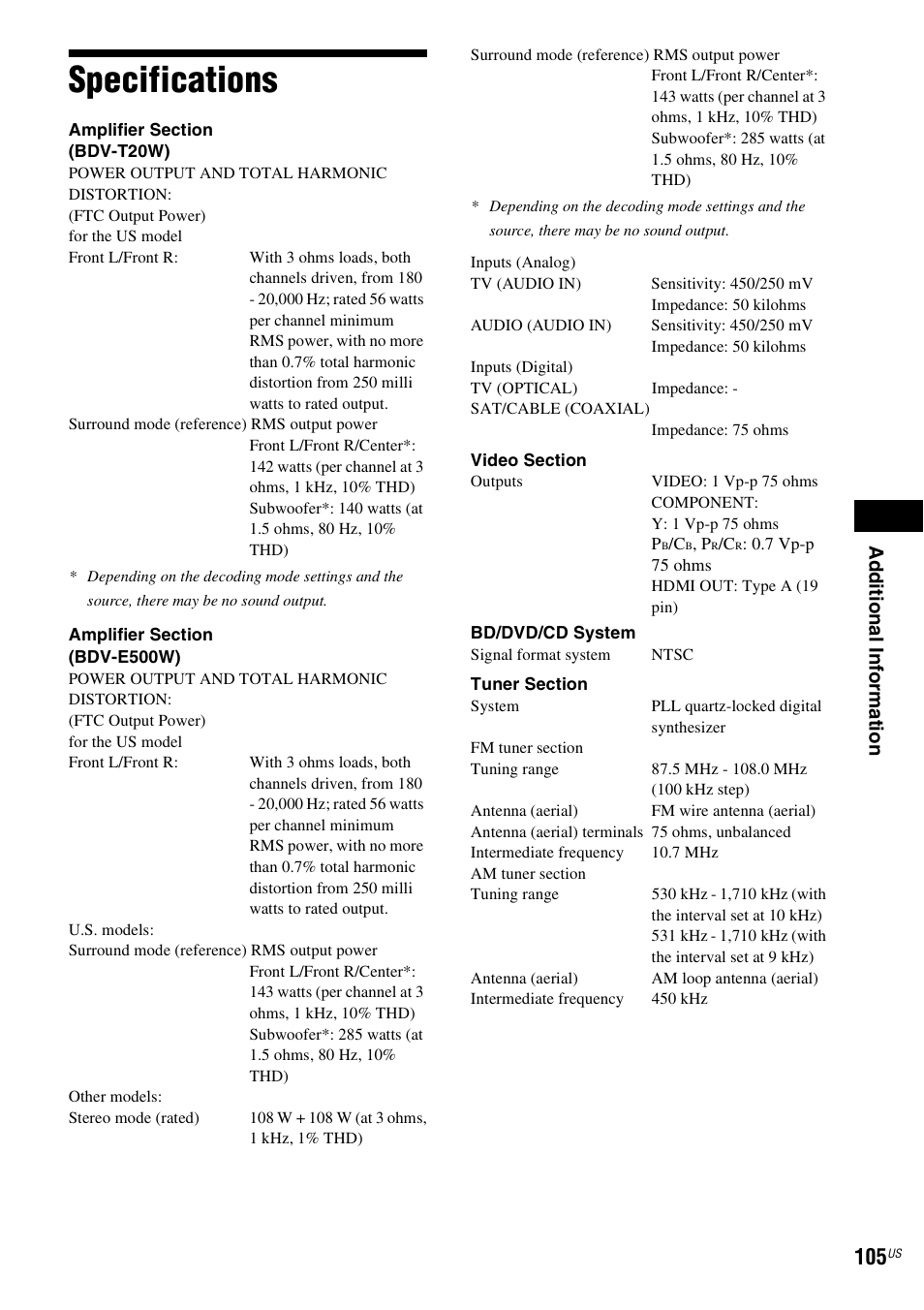 Specifications | Sony BDV-T20W User Manual | Page 105 / 123