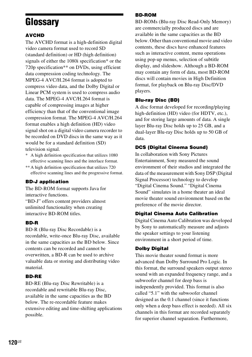 Glossary | Sony BDV-T20W User Manual | Page 120 / 123