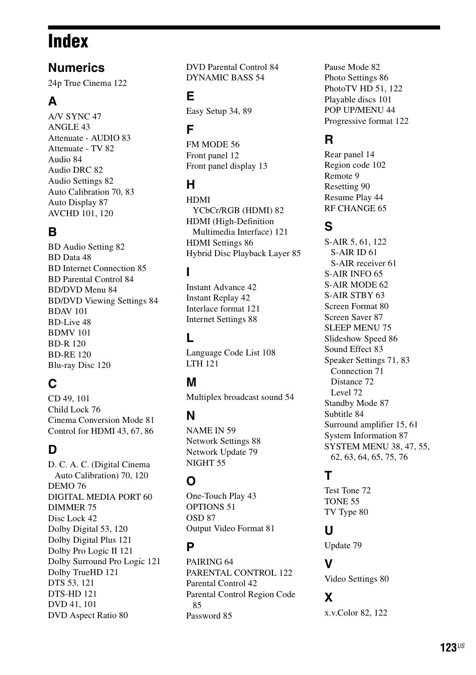 Index, Numerics | Sony BDV-T20W User Manual | Page 123 / 123