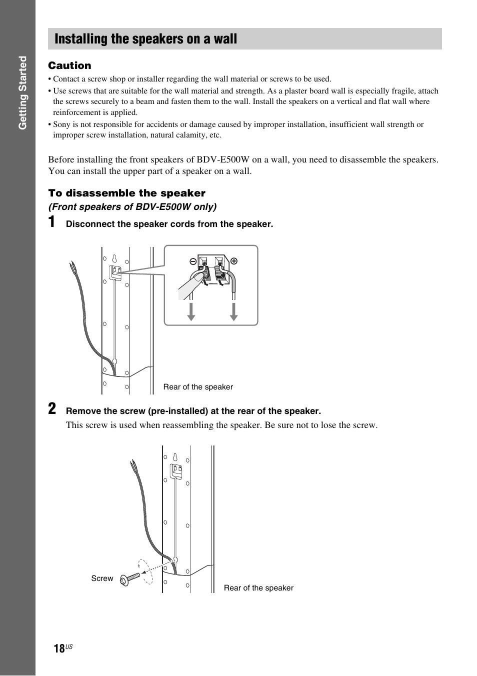 Installing the speakers on a wall | Sony BDV-T20W User Manual | Page 18 / 123