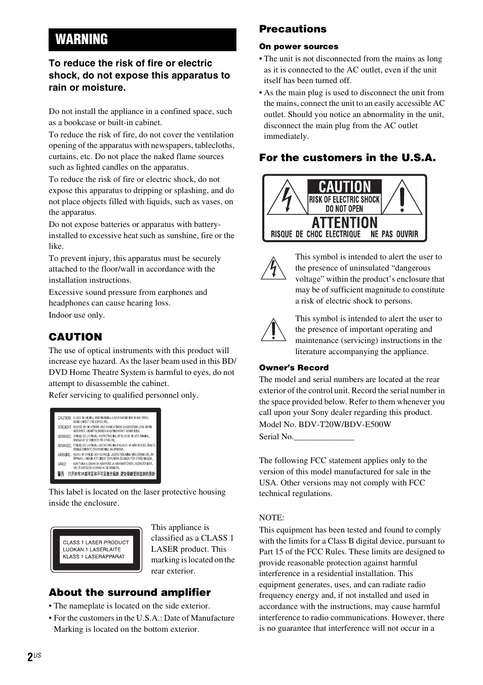 Warning | Sony BDV-T20W User Manual | Page 2 / 123