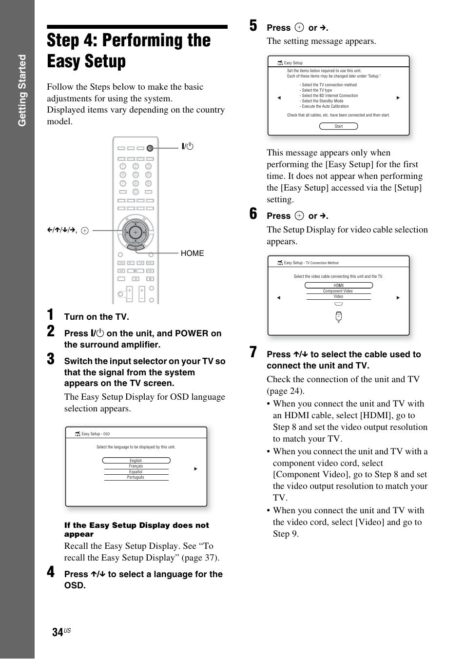 Step 4: performing the easy setup, Step 4: performing the easy, Setup | Es 34, Gettin g star ted | Sony BDV-T20W User Manual | Page 34 / 123