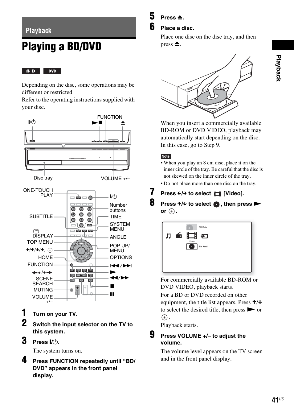 Playback, Playing a bd/dvd, Es 41 | E 41) | Sony BDV-T20W User Manual | Page 41 / 123